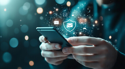 Person Holding Smartphone with Digital Security Icons Overlay Symbolizing Data Protection and Privacy