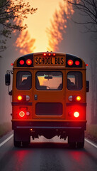 Yellow school bus driving on road at sunrise. School bus rear view with brake lights illuminated. Back to school concept image ideal for educational publications, brochures,