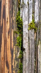 Obraz premium Detailed Close Up of Green Moss Growing on Weathered Wooden Post with Textured Bark