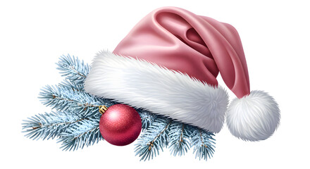 Pink santa hat with fluffy trim and pompom, adorned with a red bauble and blue spruce branch, isolated on transparent background
