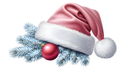 Pink santa hat with fluffy trim and pompom, adorned with a red bauble and blue spruce branch, isolated on transparent background