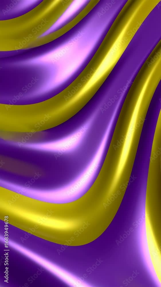 Poster abstract flowing background of shiny, vibrant purple and golden yellow silky fabric with undulating 