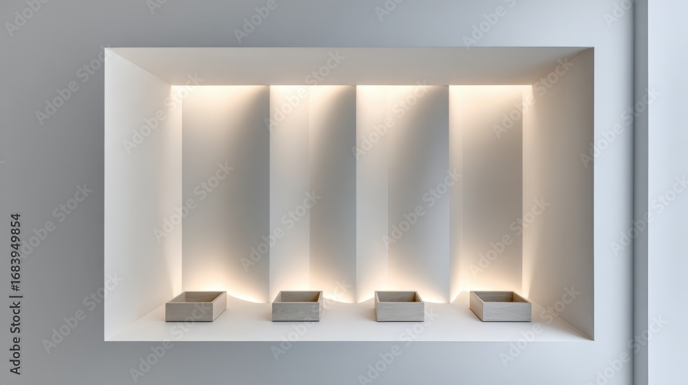 Poster medium shot highlighting a row of minimalistic bright white recessed lights sharply defined with the