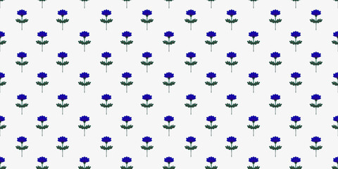 Seamless retro folk pattern featuring blue flowers and green stems on a white background