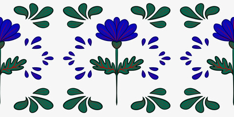 Retro folk seamless pattern with blue flowers and green leaves for textile design