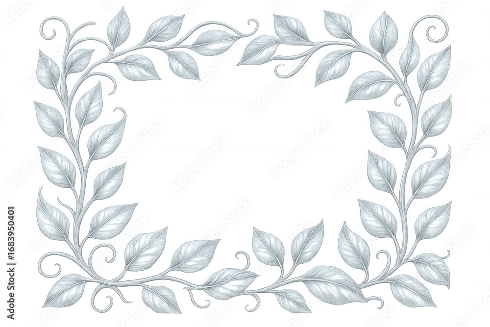 Poster silver leaves creating a rectangular frame on a transparent background, ideal for elegant and nature