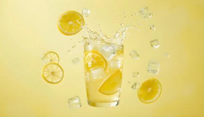 Refreshing Lemon Iced Drink Splashing in Glass.A visually appealing image of a glass of lemon iced drink with lemon slices and ice cubes in motion, creating a refreshing summer vibe.