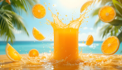Refreshing Orange Juice Splash on a Tropical Beach.A vibrant image of orange juice splashing into a glass, with orange slices flying in the air against a backdrop of a tropical beach.