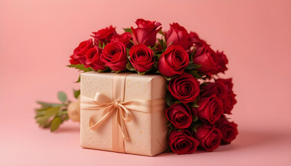 Romantic Red Rose and Gold Ribbon Background for Valentine's Day.A captivating background showcasing a rich burgundy red textured surface, adorned with swirling gold ribbons and clusters of small, del