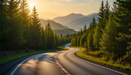 Serene mountain road at sunrise, winding through a lush forest..A picturesque, winding road meanders through a dense forest, with towering evergreen trees lining both sides.