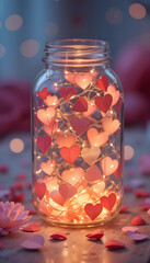 Romantic Heart-shaped Lights in a Glass Jar.A beautiful, warm-toned image of a glass jar filled with paper hearts and fairy lights.