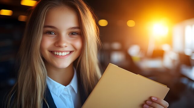 Smiling Girl Student Holding Notebook, Happy Education - Powered by Adobe