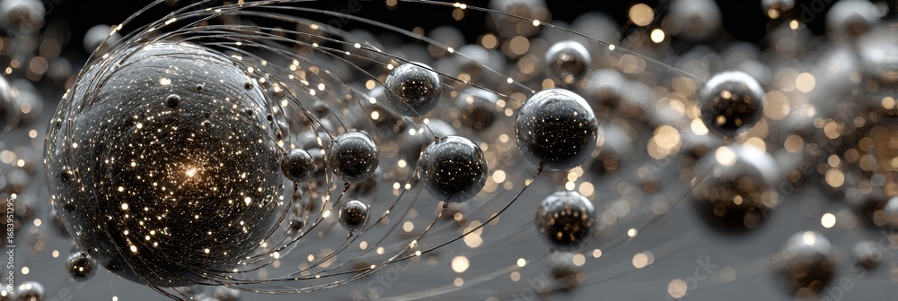 Poster abstract digital art depicting a cluster of glowing, metallic spheres interconnected by thin, lumino
