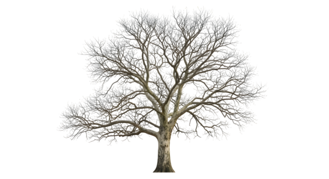 A large bare deciduous tree isolated on transparent background, showcasing its intricate branch structure during winter