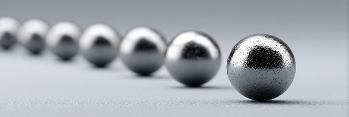 A line of metallic spheres receding into the distance on a textured gray surface, with the closest sphere in sharp focus and the rest progressively blurred