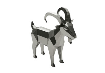 Isolated metallic polygonal goat statue with long, curved horns, geometric animal art