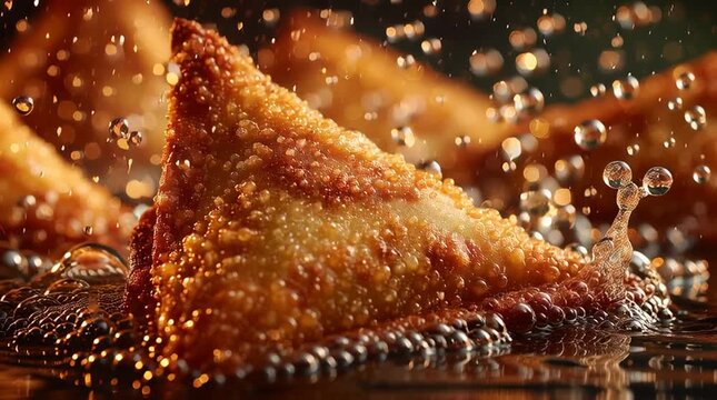 Crispy samosa frying in hot oil with golden bubbles closeup