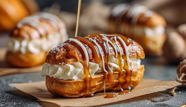 Mini eclair with vanilla cream and caramel drizzle on parchment