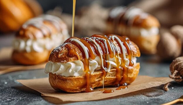 Mini eclair with vanilla cream and caramel drizzle on parchment