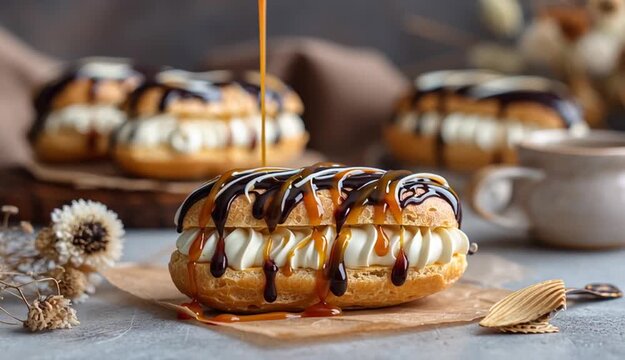 Mini eclair with vanilla cream and caramel drizzle on parchment