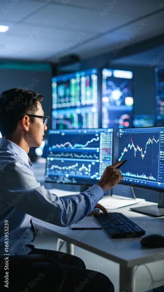 Poster focused analyst examines financial graphs on computer monitors in a modern office setting, pointing 