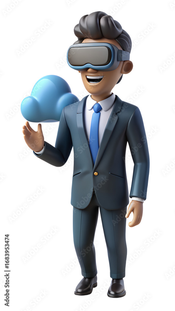 Poster cartoon man in vr headset with cloud computing icon 3d rendering for metaverse and virtual reality t