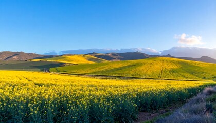 Vast yellow field, rolling hills, sunny day