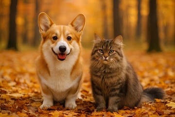 Adorable corgi and fluffy cat friends enjoying autumn leaves together in a serene forest setting for heartwarming pet content