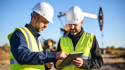 Oilfield engineers discussing plan with looking at tablet, and with pump jack in background. - Powered by Adobe