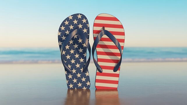 Photo of closeup of american flag flip flops on a beach, with the ocean and sky reflecting a soft sunset glow - Powered by Adobe