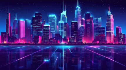 Obraz premium A vivid cityscape glowing with neon lights reflecting across the bottom