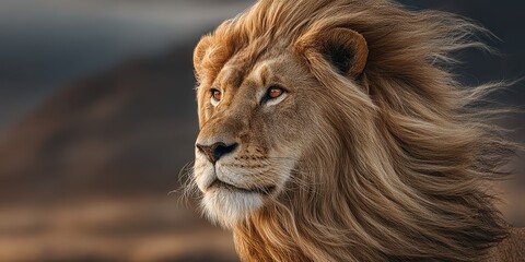 Fototapeta premium Majestic lion stands proud against a dramatic sunset in the African savanna with wind blowing through its mane