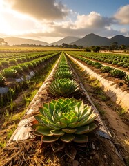 Fototapeta premium A vast expanse of meticulously cultivated succulent plants stretches out towards a backdrop of rolling hills under a golden sunset.