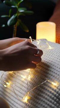 A very tight close-up (VCU) video shows well-groomed, gender-neutral hands gently arranging warm white LED string lights in a hygge-inspired indoor corner with blurred fabrics, a plant, and a