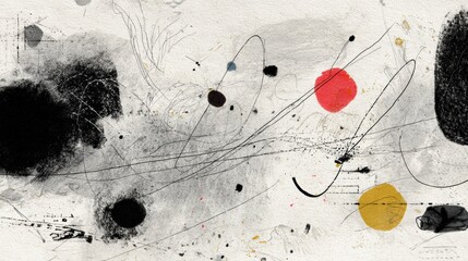 This artwork displays a dynamic arrangement of black, red, and yellow shapes interacting with flowing lines against a textured background, evoking emotion.