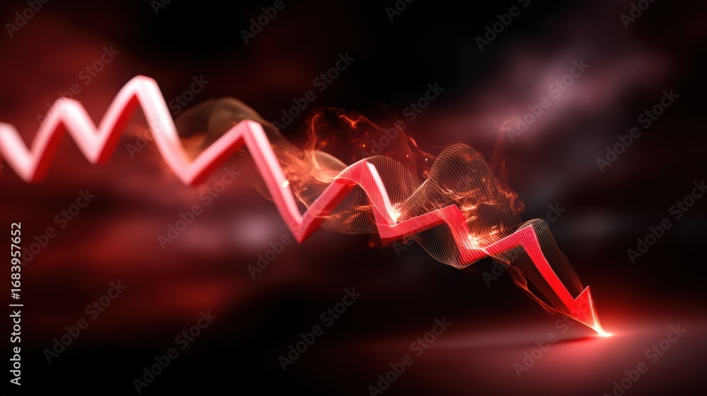 Poster abstract design featuring a downward trend line with dynamic red hues and flowing elements, symboliz