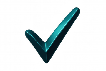 Metallic teal 3d checkmark verifying approval, signaling completion against transparent backdrop