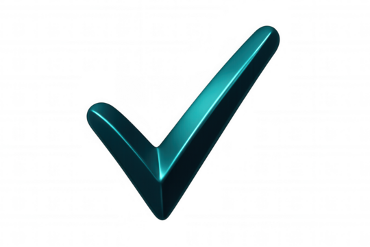 Metallic teal 3d checkmark verifying approval, signaling completion against transparent backdrop