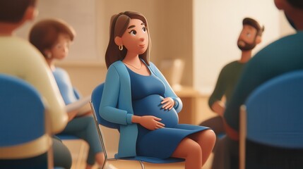 Confident pregnant woman in blue dress attending prenatal support group meeting with other expectant parents in warm community center setting for maternal healthcare