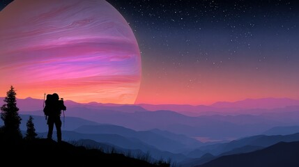Silhouette hiker gazes at a colossal planet in a star-filled sky over a layered mountain range