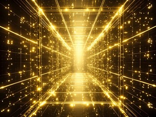 Golden Grid Corridor Digital Art Abstract Background