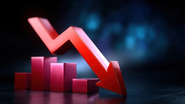Red downward arrow symbolizes decreasing trends in finance or business metrics.