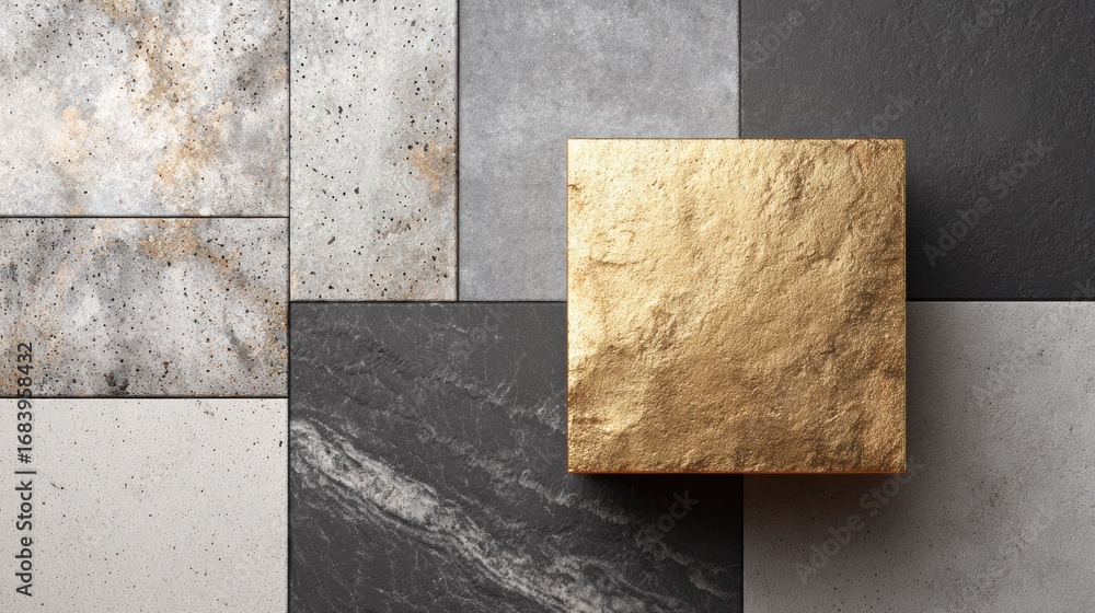 Poster a gold square sits prominently on a variety of textured tiles showcasing modern design elements in g
