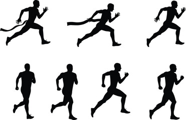 Silhouettes of Male Runners in Motion Sprinting, Jogging, and Running with Athletic Poses Vector Illustration Set