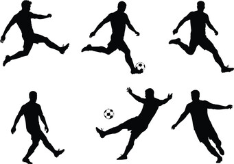 Silhouettes of Male Soccer Players in Action Poses Kicking and Playing Football on White Background Vector Illustration