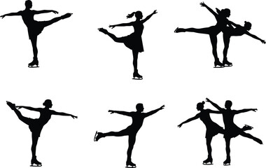 Vector illustration of figure skater silhouettes performing solo and pair skating, ice dance, balance poses, winter sport competition, professional performance art