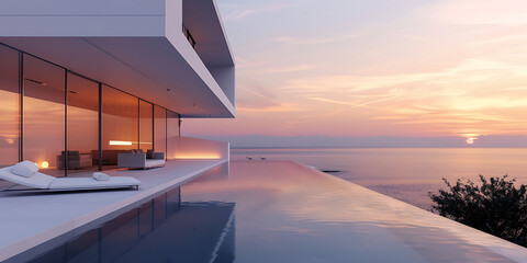 Modern beachfront house with infinity pool overlooking ocean at sunset, reflecting tranquil luxurious atmosphere in warm sky.