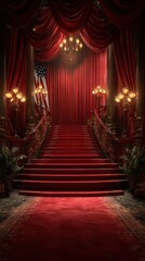 Fototapeta premium Elegant red carpet staircase leads to a grand stage with rich decorations and American flag in a historic venue