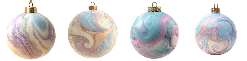 Colorful decorative marble patterned Christmas ornaments on transparent background
