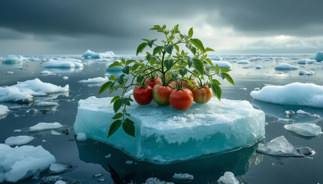 Tomato plant growing on ice in middle of arctic sea. Surreal illustration with sense of freshness, unexpected or unrealistic combination.
